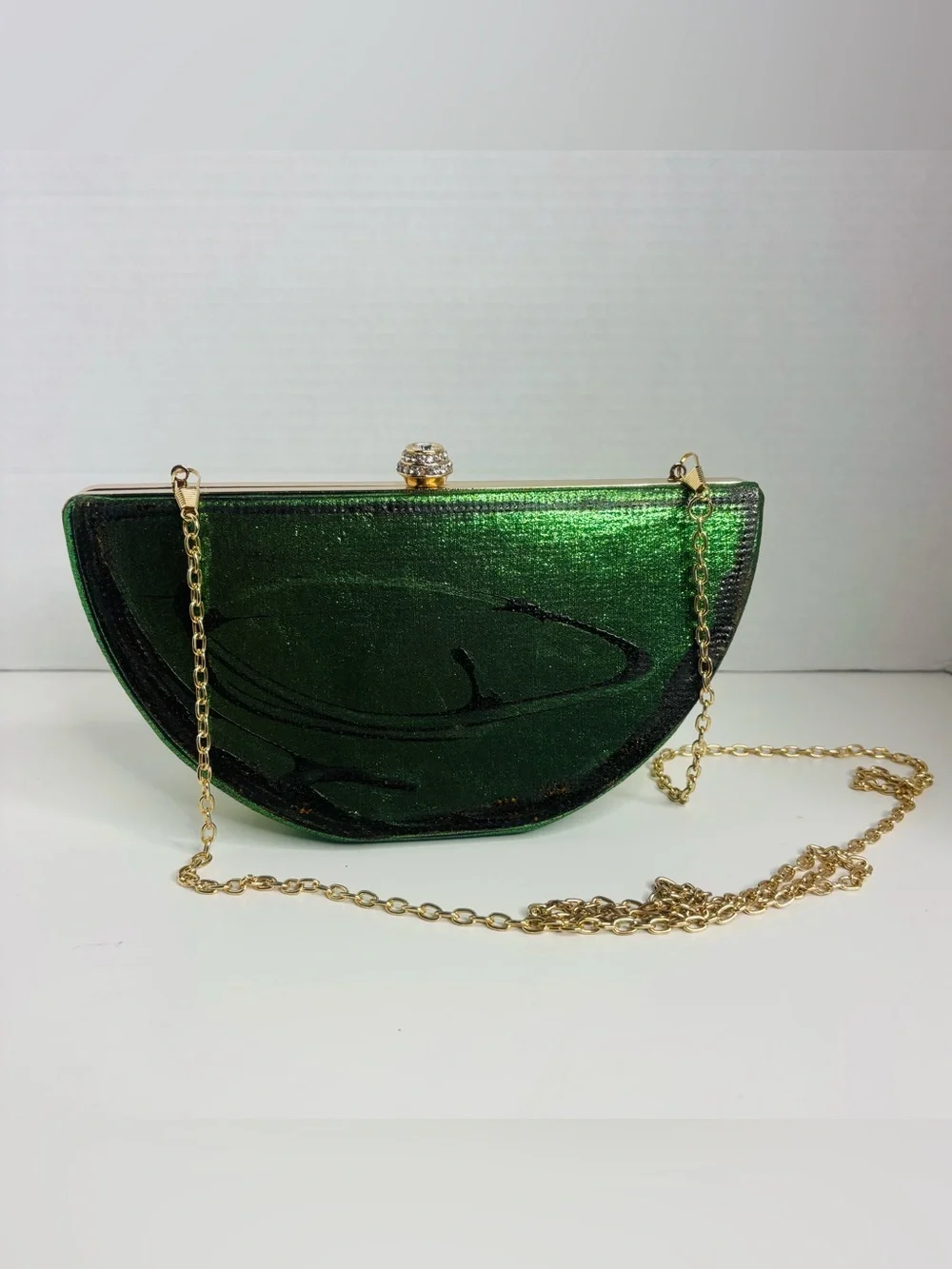 Green Velvet Half-Moon Clutch with Gold Chain